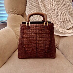 Auth. LANA MARKS Genuine Crocodile Iconic Wood Top Handles Satchel Bag